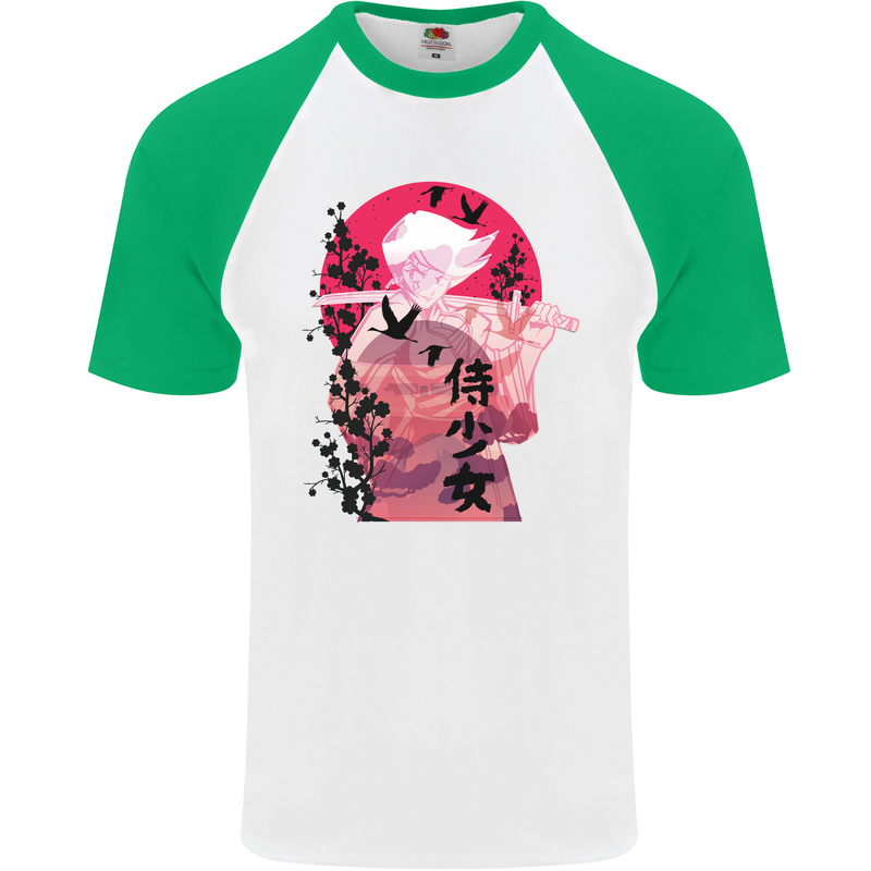 Anime Samurai Woman With Sword Mens S/S Baseball T-Shirt White/Green