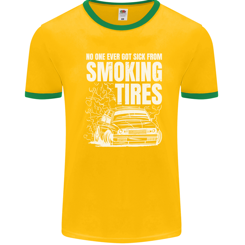 Burning Tires Car Drifting Mens Ringer T-Shirt FotL Gold/Green