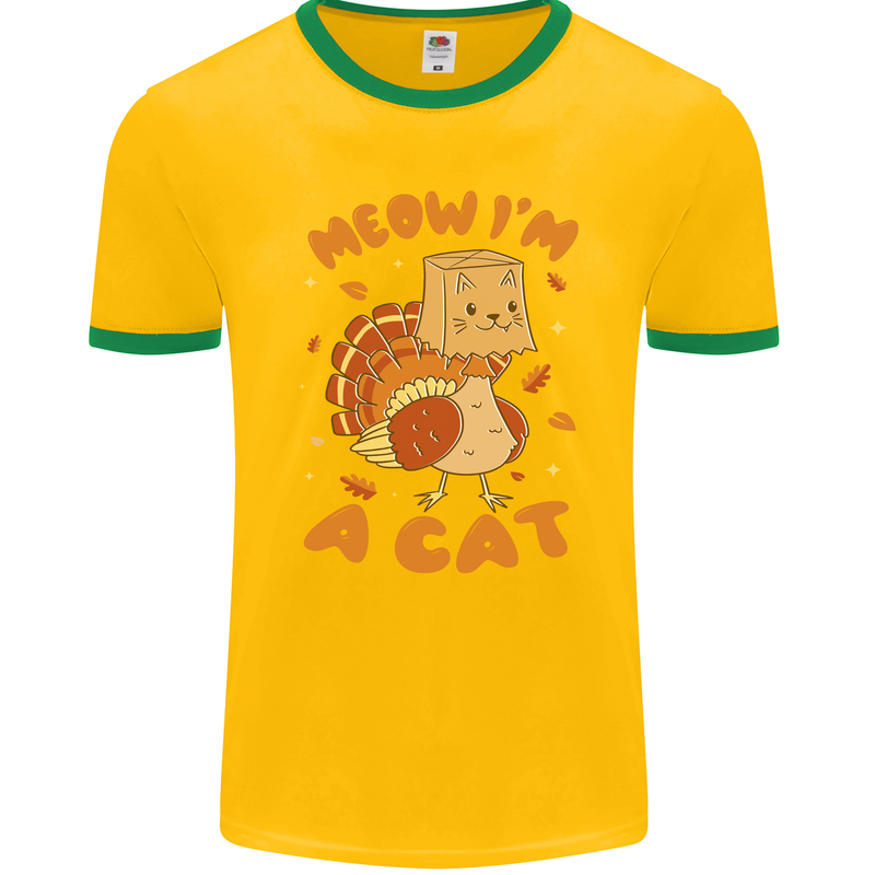 Thanksgiving Christmas Turkey I'm a Cat Mens Ringer T-Shirt FotL Gold/Green