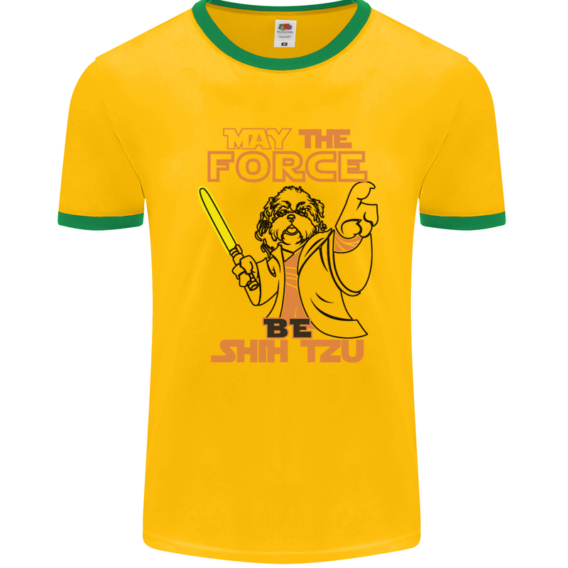 May the Force Be Shih Tzu Dog Funny Mens White Ringer T-Shirt Gold/Green