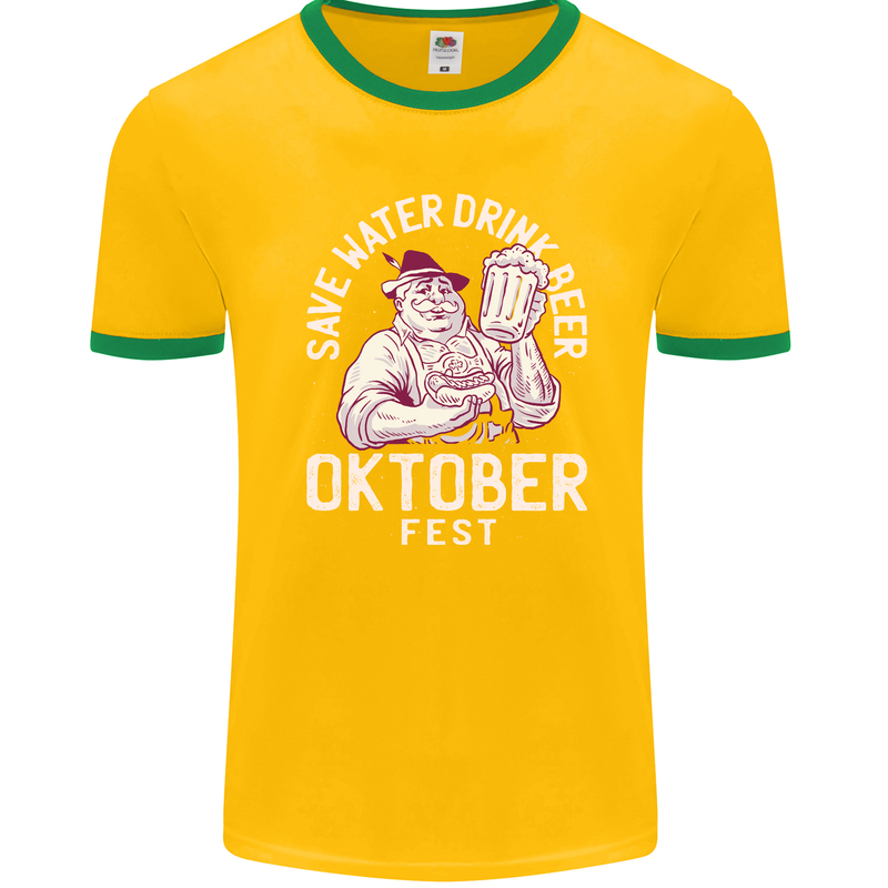 Oktoberfest Drink Beer Save Water Mens Ringer T-Shirt FotL Gold/Green