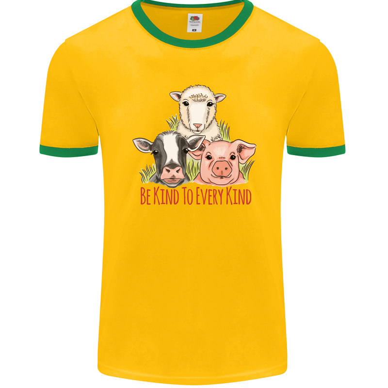 Vegan Kind to Ever Kind Vegetarian Mens Ringer T-Shirt FotL Gold/Green