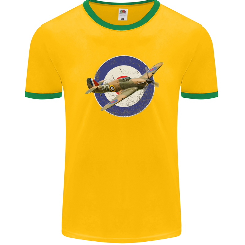 Hawker Hurricane With RAF Ensign Mens White Ringer T-Shirt Gold/Green