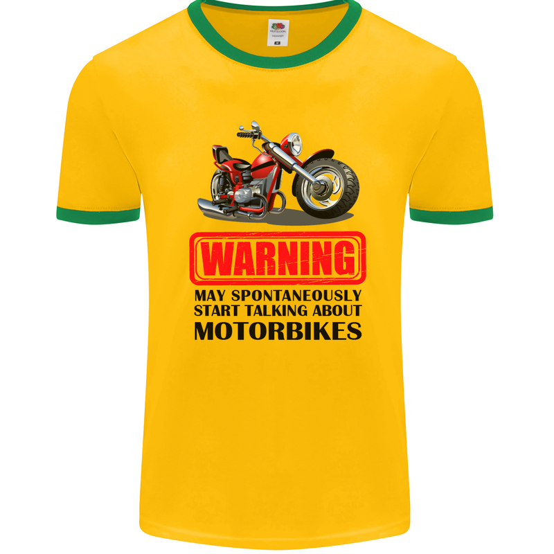 Start Talking About Motorbikes Motorcycle Mens Ringer T-Shirt FotL Gold/Green