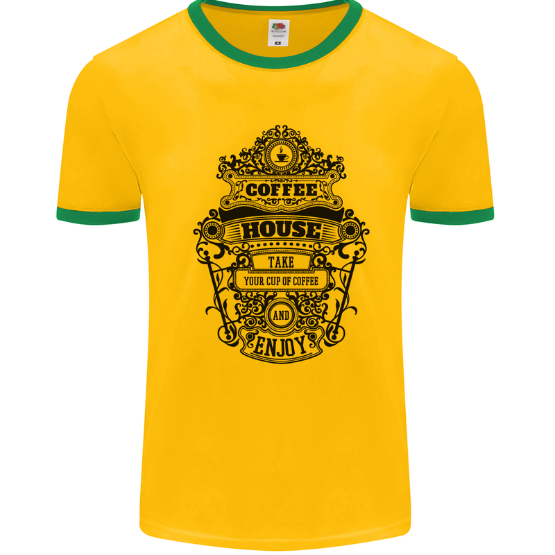 Coffee House Mens White Ringer T-Shirt Gold/Green