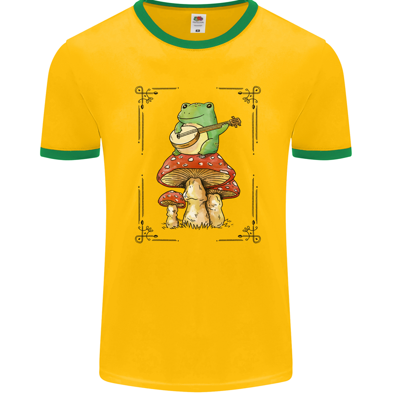 A Frog Playing the Guitar on a Toadstool Mens Ringer T-Shirt FotL Gold/Green