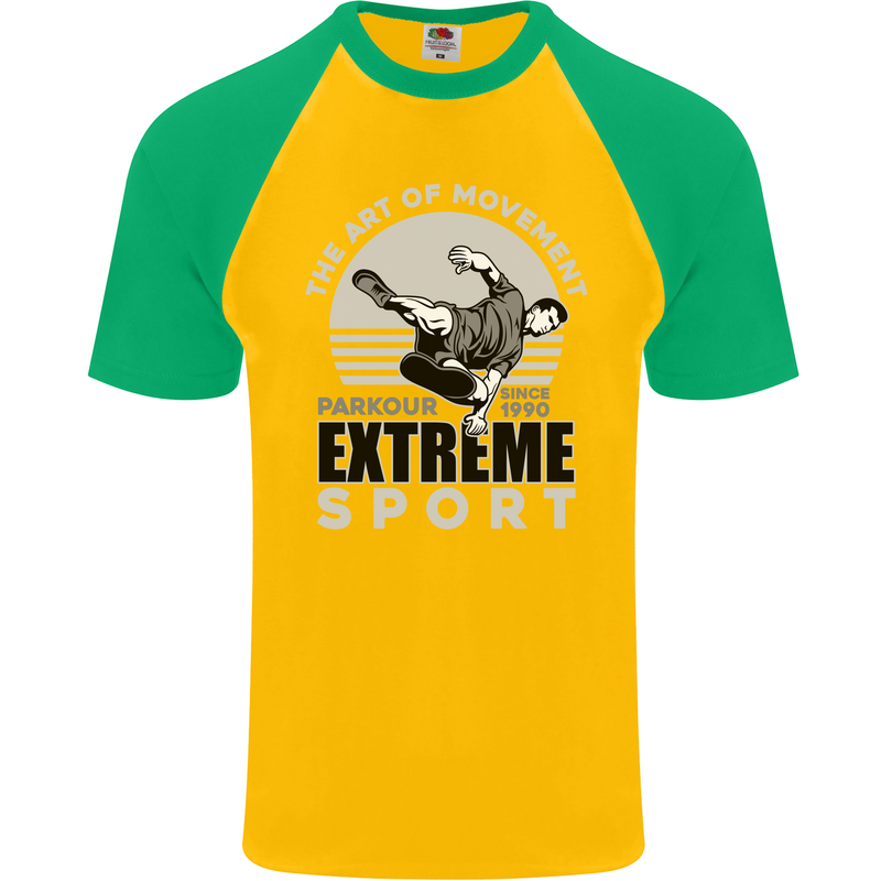 Parkour Free Running the Art of Movement Mens S/S Baseball T-Shirt Gold/Green