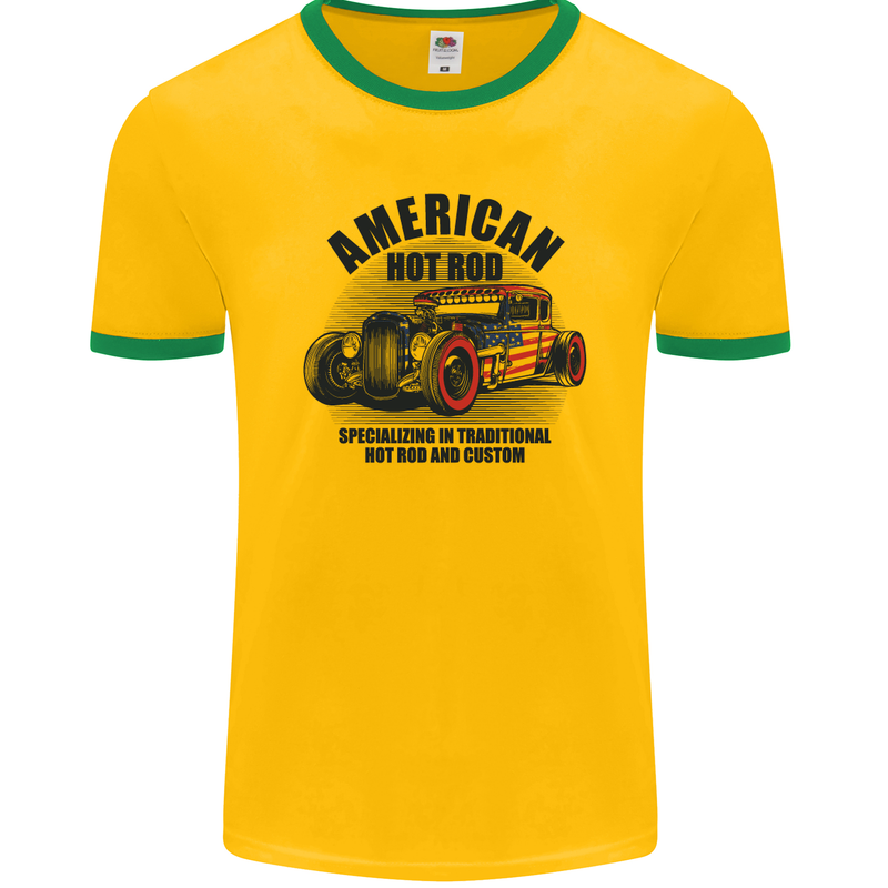 American Hot Rod Hotrod Enthusiast Car Mens Ringer T-Shirt FotL Gold/Green