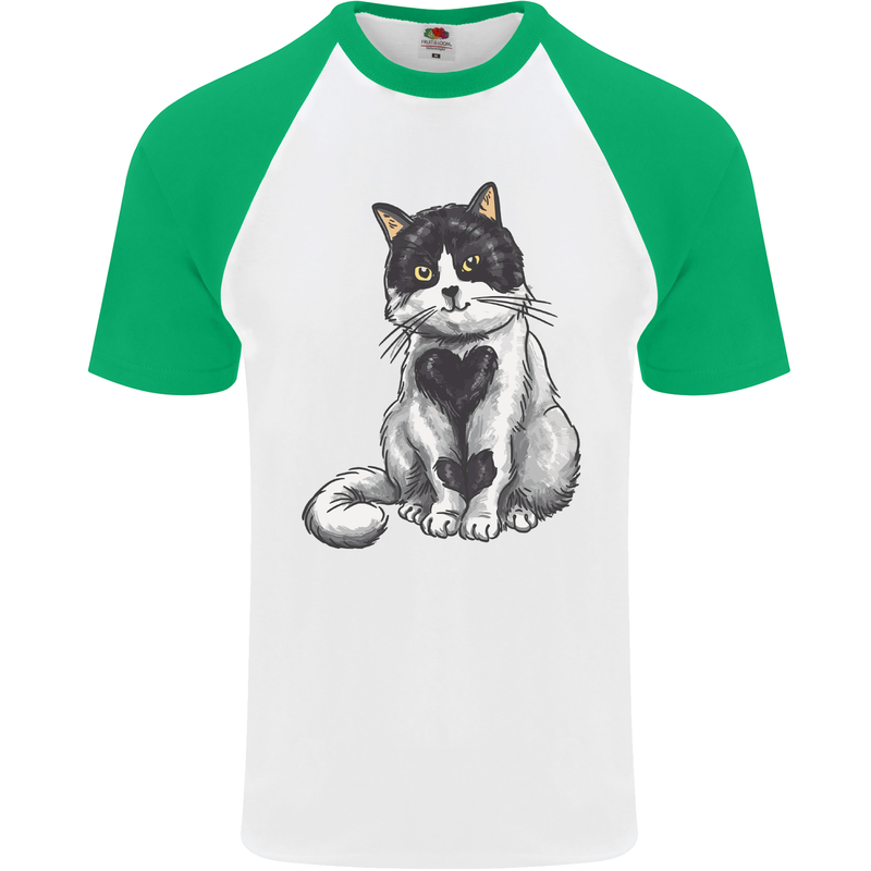 I Love Cats Cute Kitten Mens S/S Baseball T-Shirt White/Green
