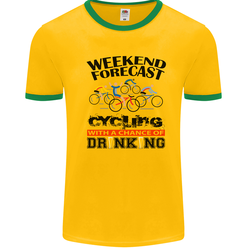 Weekend Forecast Cycling Cyclist Bicycle Mens White Ringer T-Shirt Gold/Green