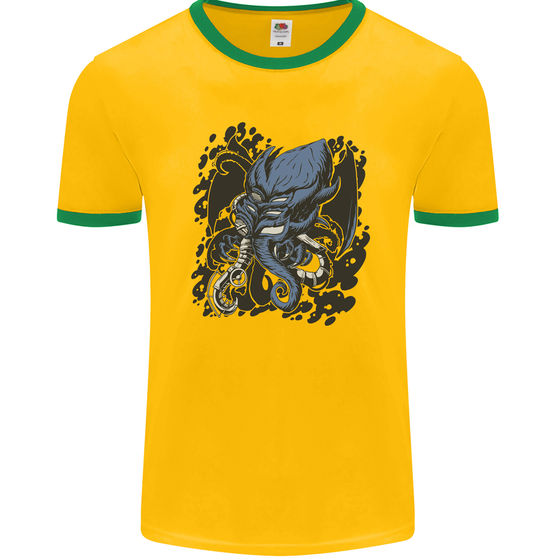 Cyberpunk Cthulhu Kraken Octopus Mens Ringer T-Shirt FotL Gold/Green