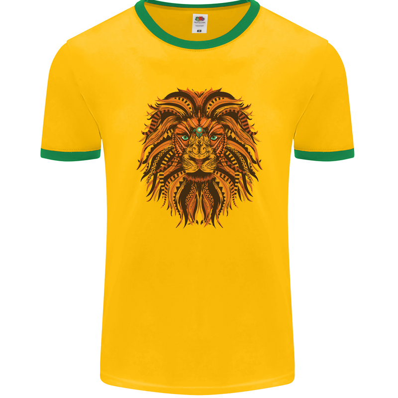 Mandala Art Lion Mens Ringer T-Shirt FotL Gold/Green