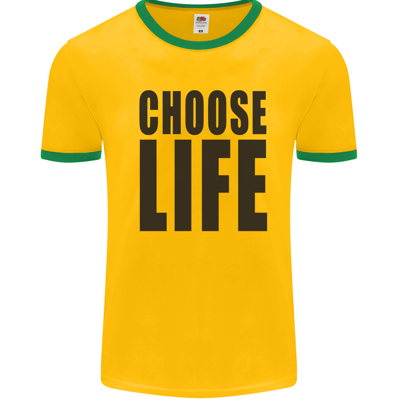 Choose Life Fancy Dress Outfit Costume Mens White Ringer T-Shirt Gold/Green