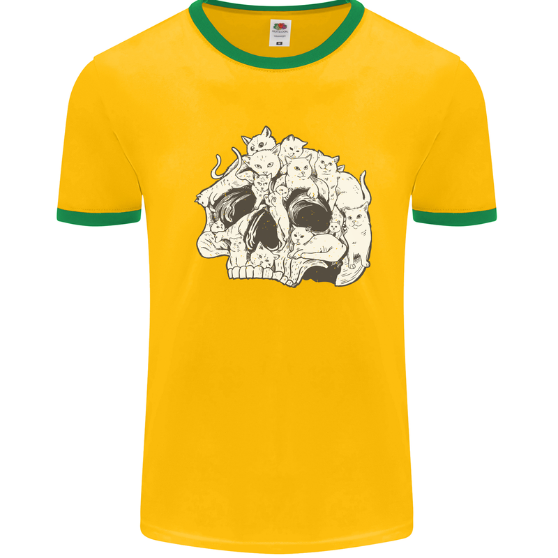 A Skull Made of Cats Mens White Ringer T-Shirt Gold/Green