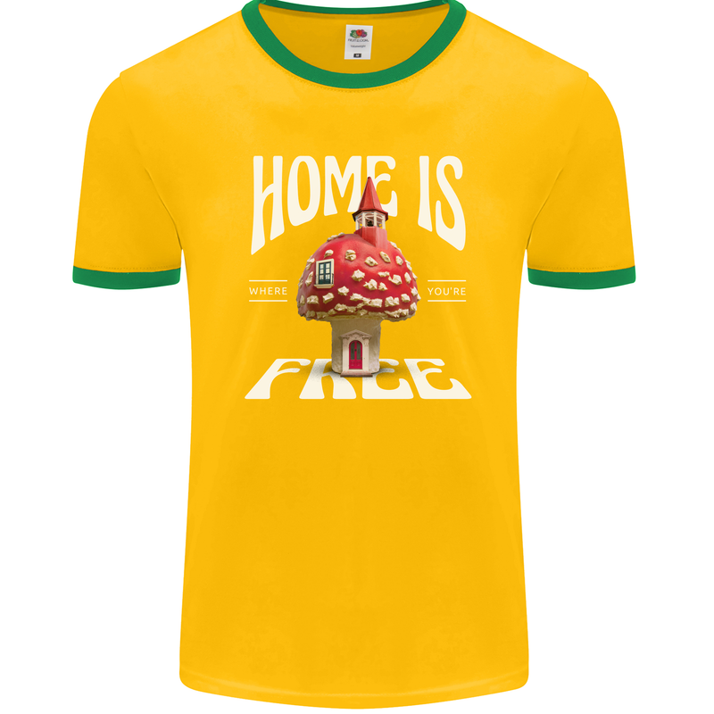 Mushrooms Home is Where You're Free Mens Ringer T-Shirt FotL Gold/Green