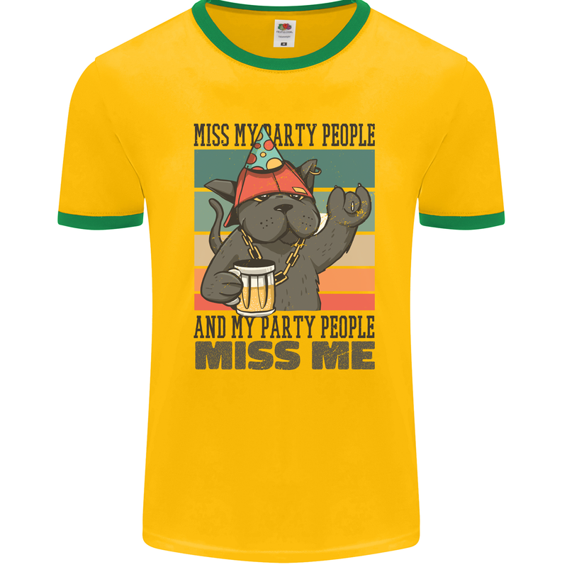 Funny Cat Miss My Party People Alcohol Beer Mens Ringer T-Shirt FotL Gold/Green