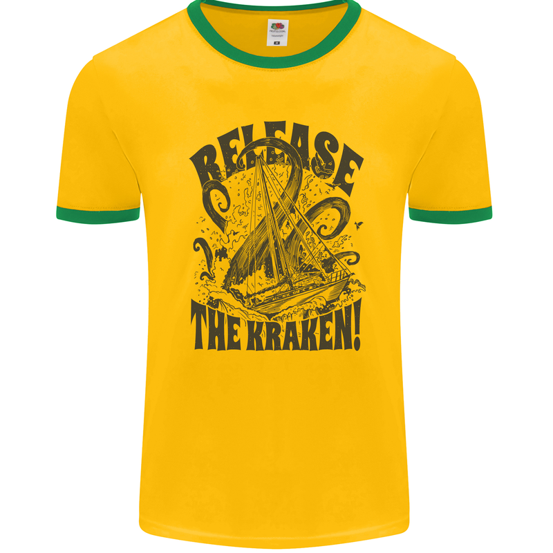 Release the Kraken Cthulhu Sea Creature Mens Ringer T-Shirt FotL Gold/Green