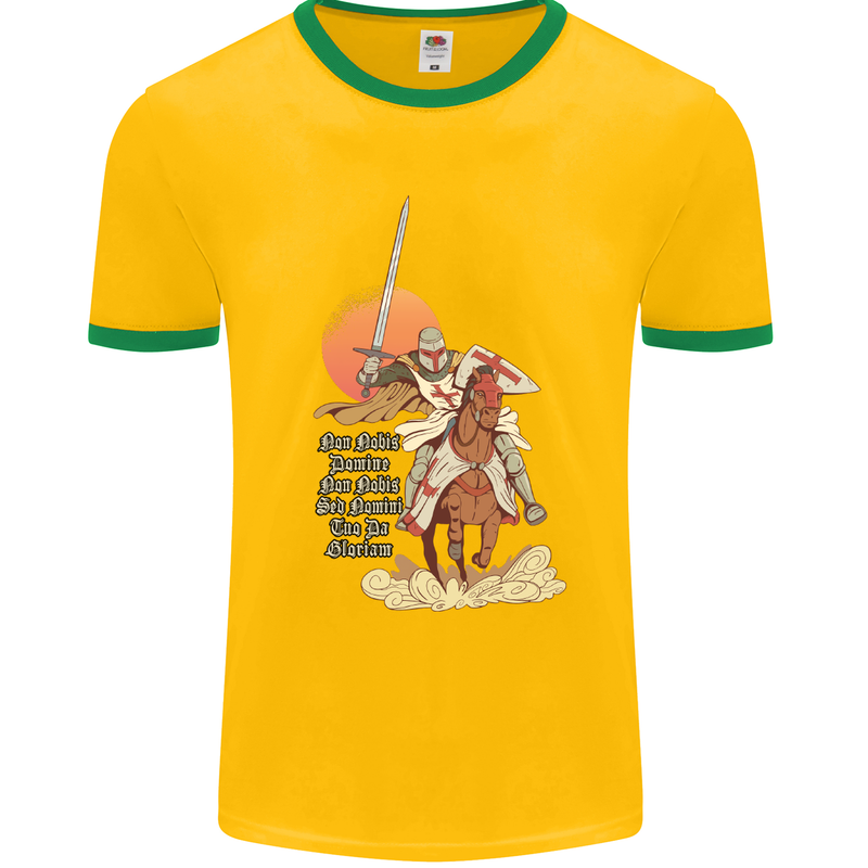 Knights Templar on a Horse Mens White Ringer T-Shirt Gold/Green