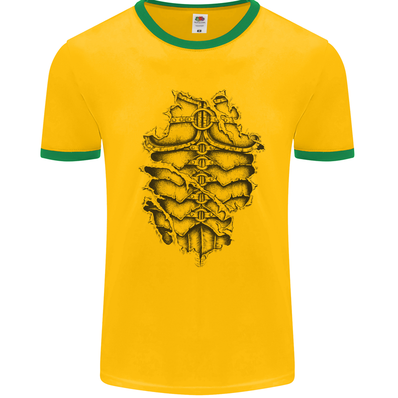 Roman Armour Fancy Dress Warrior Gym MMA Mens White Ringer T-Shirt Gold/Green