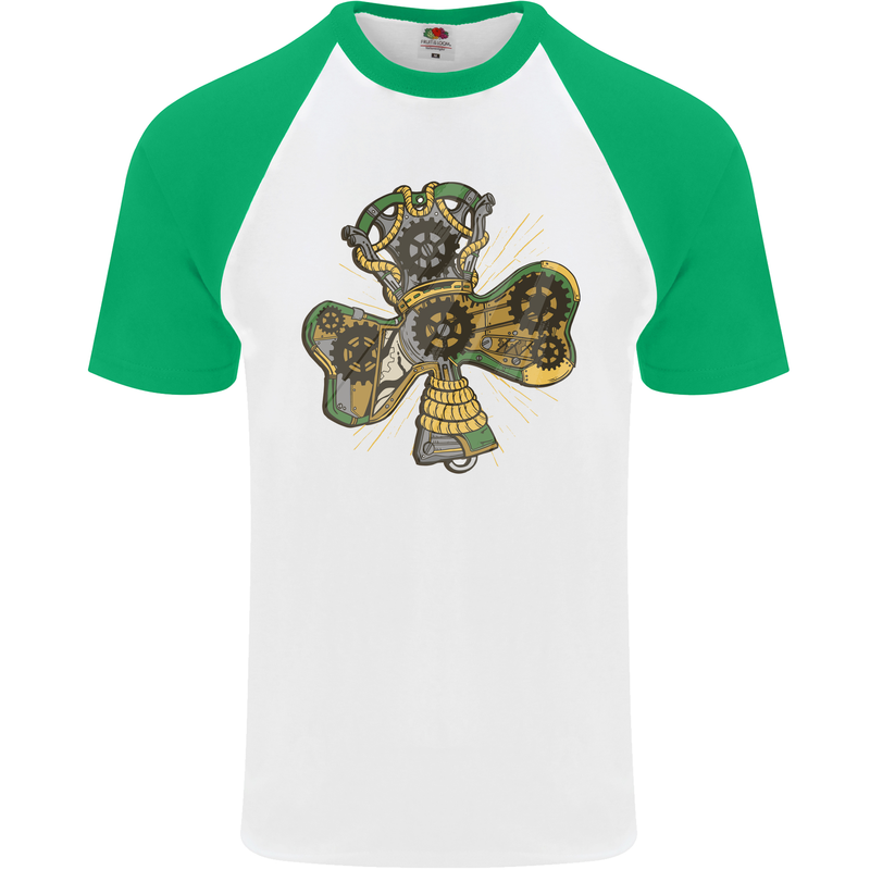 Steampunk Shamrock Mens S/S Baseball T-Shirt White/Green