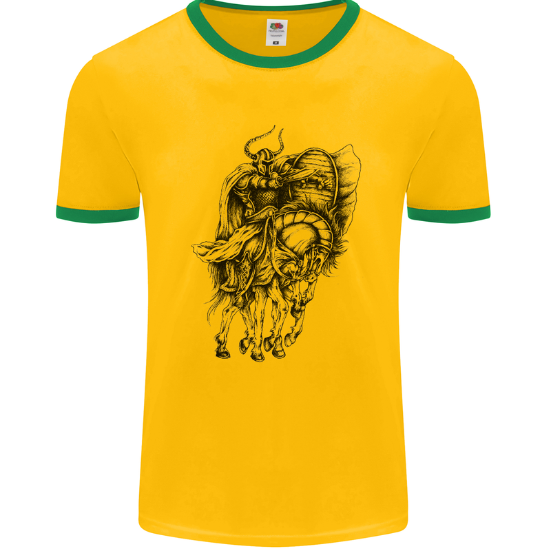Odin the Viking on Horseback Valhalla Gods Mens Ringer T-Shirt FotL Gold/Green