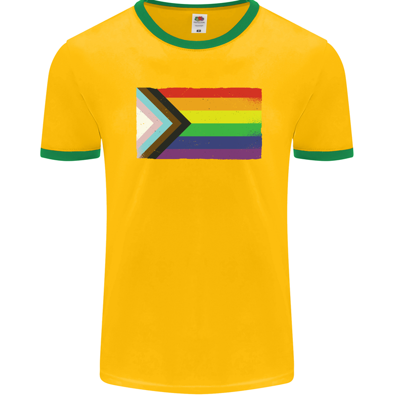 LGBTQ Flag Gay Pride Awareness Day LGBTQ Mens Ringer T-Shirt FotL Gold/Green