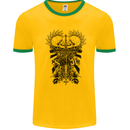 Savage Two Punk Skulls Biker Motorbike Mens White Ringer T-Shirt Gold/Green