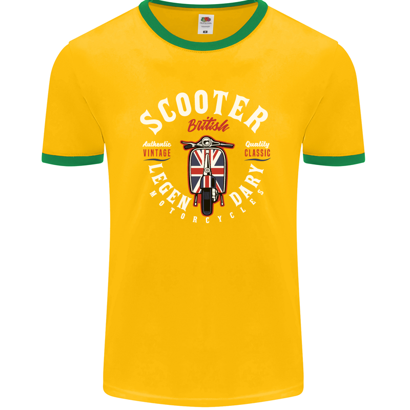 Legendary British Scooter Motorcycle MOD Mens Ringer T-Shirt FotL Gold/Green