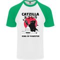 Catzilla Funny Cat Parody Mens S/S Baseball T-Shirt White/Green