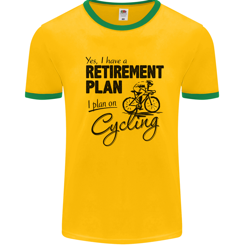 Cycling Retirement Plan Cyclist Bicycle Mens White Ringer T-Shirt Gold/Green