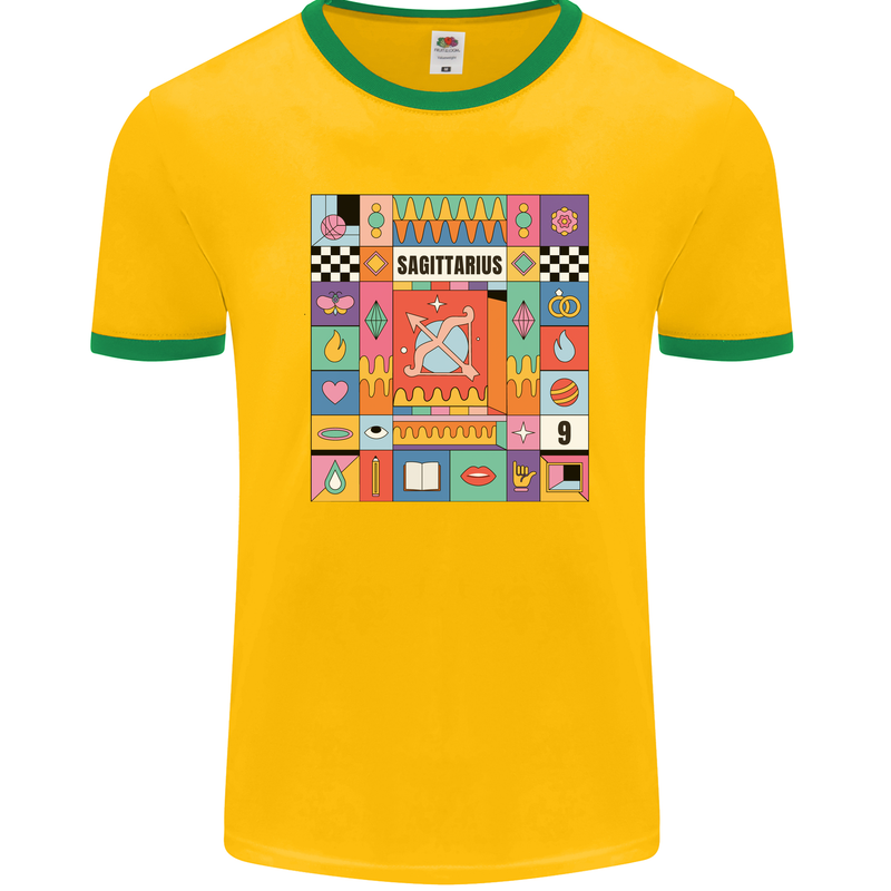 A Vibrant Sagittarius Star Sign Zodiac Mens Ringer T-Shirt FotL Gold/Green