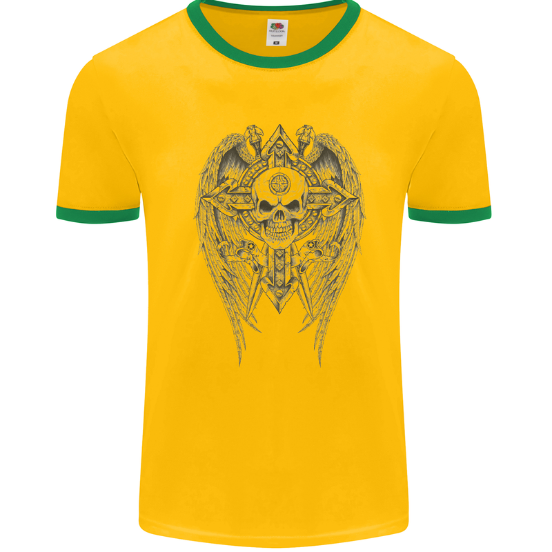 Skull Wings Viking Gothic  Wings Gym Biker Mens White Ringer T-Shirt Gold/Green