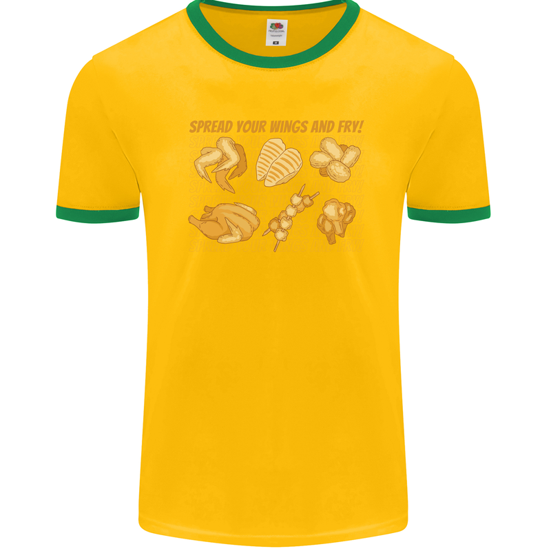 Spread Your Wings & Fry Funny Chicken BBQ Mens Ringer T-Shirt FotL Gold/Green