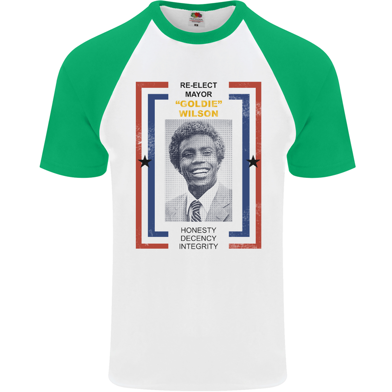 Re-Elect Mayor Goldie Wilson 80's Movie Mens S/S Baseball T-Shirt White/Green