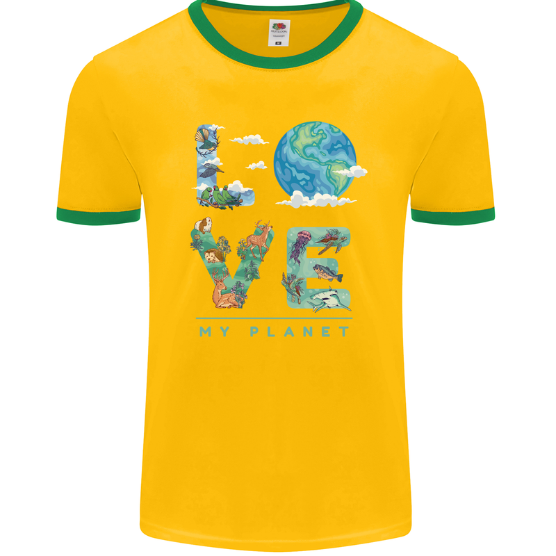 Love My Planet Climate Change Environment Mens Ringer T-Shirt FotL Gold/Green