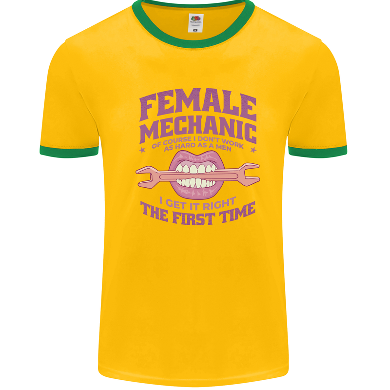 Funny Female Mechanic Mens White Ringer T-Shirt Gold/Green