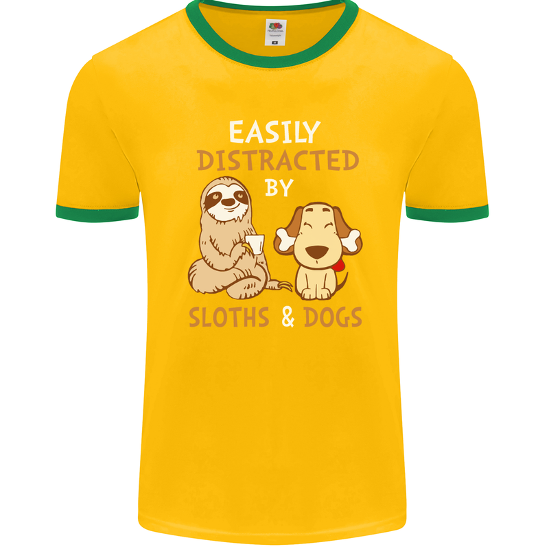 Easily Distracted Dogs & Sloths Funny ADHD Mens Ringer T-Shirt FotL Gold/Green