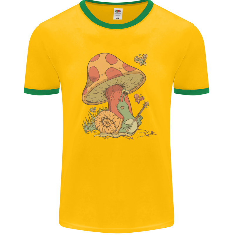 A Snail Playing the Banjo Under a Mushroom Mens White Ringer T-Shirt Gold/Green