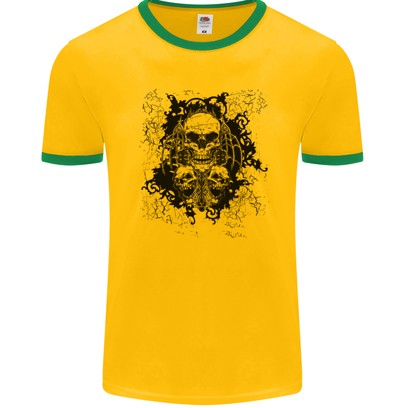 Three Skulls Demon Biker Gothic Tattoo Mens Ringer T-Shirt FotL Gold/Green