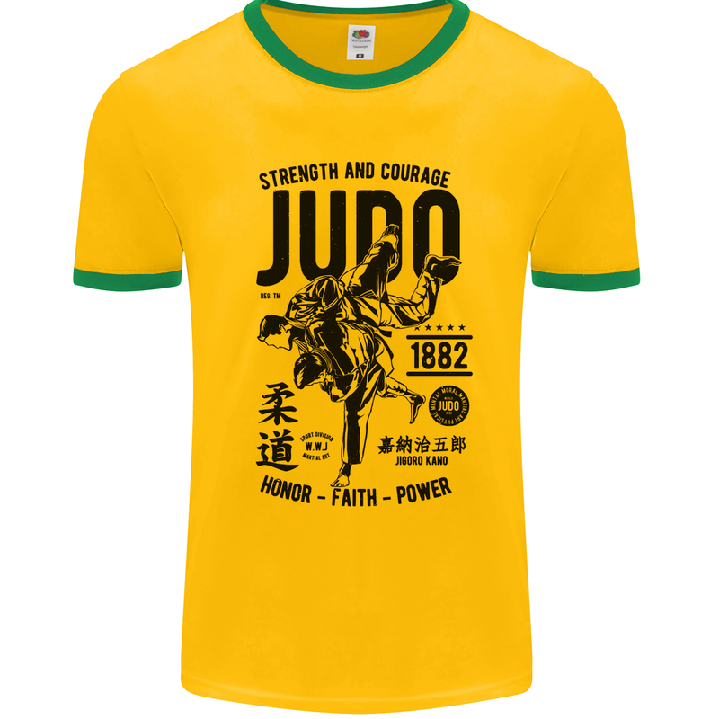 Judo Strength and Courage Martial Arts MMA Mens White Ringer T-Shirt Gold/Green