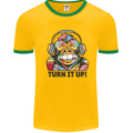 Turn It Up Monkey DJ Headphones Music Mens White Ringer T-Shirt Gold/Green