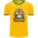 Turn It Up Monkey DJ Headphones Music Mens White Ringer T-Shirt Gold/Green