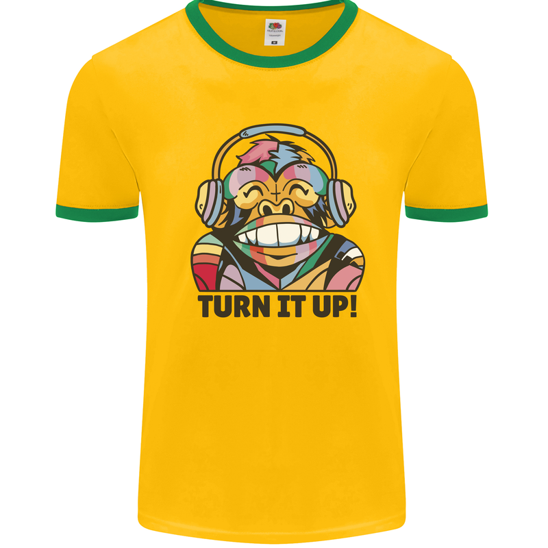 Turn It Up Monkey DJ Headphones Music Mens White Ringer T-Shirt Gold/Green