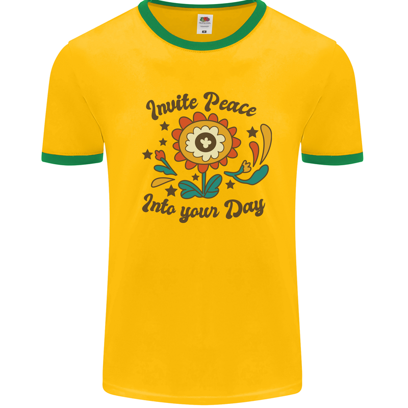 Invite Peace Day Hippy Flower Power Funny Mens White Ringer T-Shirt Gold/Green