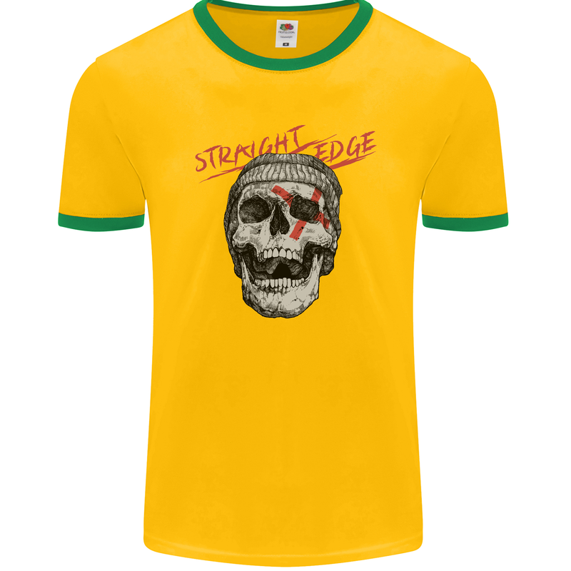 Straight Edge Skull Biker Motorcycle Mens Ringer T-Shirt FotL Gold/Green