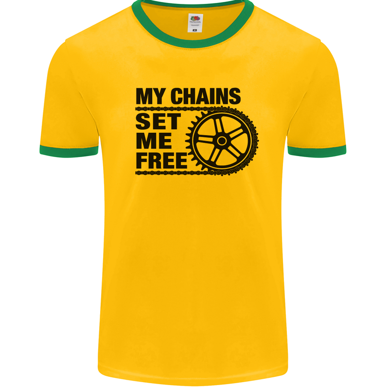 My Chains Set Me Free Cycling Cyclist Bike Mens White Ringer T-Shirt Gold/Green