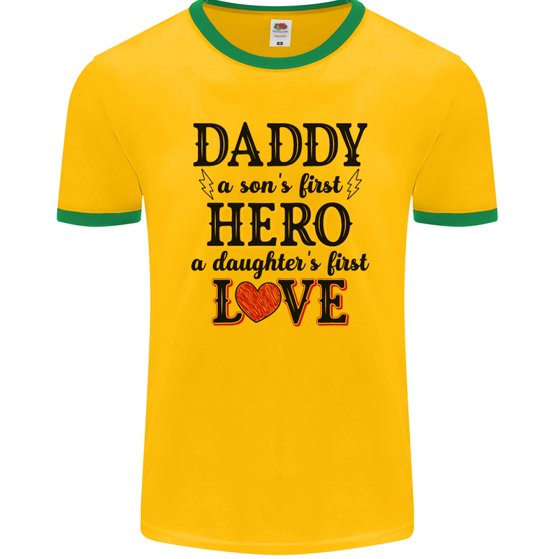 Fathers Day Daughter Love Son Hero Dad Mens Ringer T-Shirt FotL Gold/Green