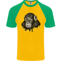 Monkey DJ Headphones Music Mens S/S Baseball T-Shirt Gold/Green