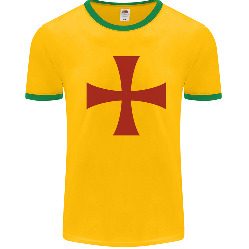 Knights Templar Cross Fancy Dress Outfit Mens White Ringer T-Shirt Gold/Green