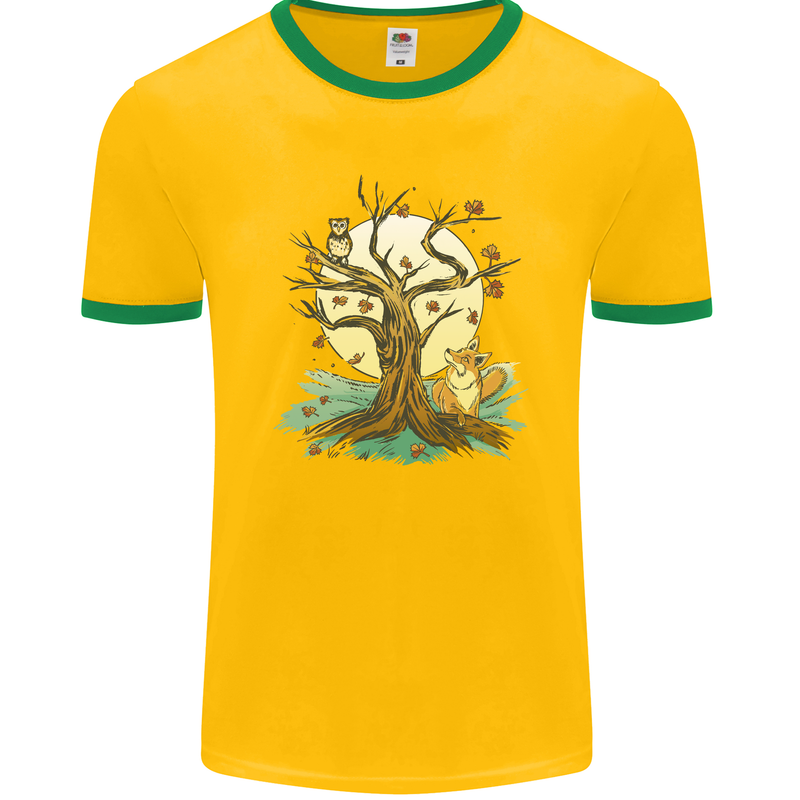 An Owl and Fox Tree Nature Ecology Mens Ringer T-Shirt FotL Gold/Green